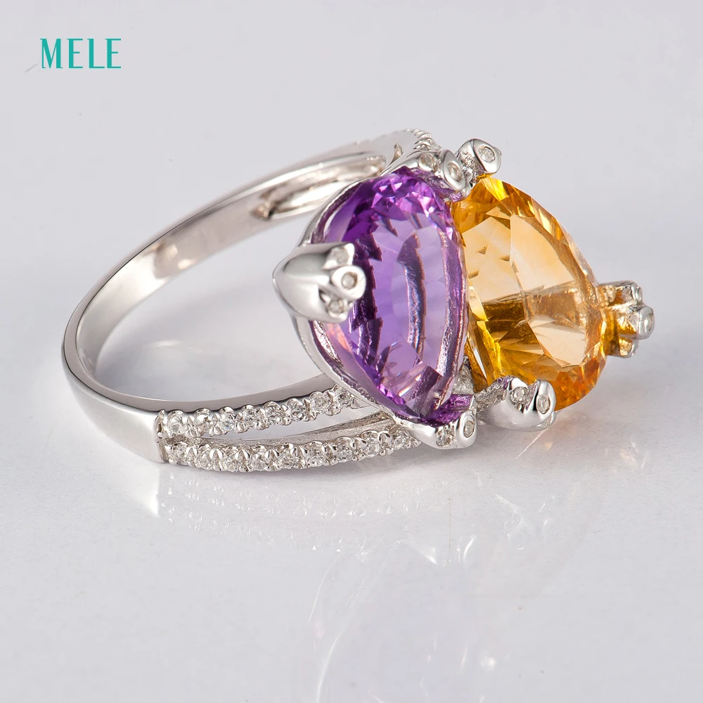 Мелеобразный натуральный аметист и цитрин серебряное кольцо вогнутая резка