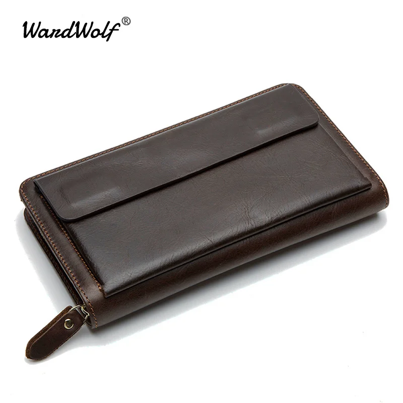 

WardWolf Long Purse for Men Genuine Leather Wallets Credit Card Phone Money Wallet Coin Purse Men Clutch Bag Wristlet Carteira