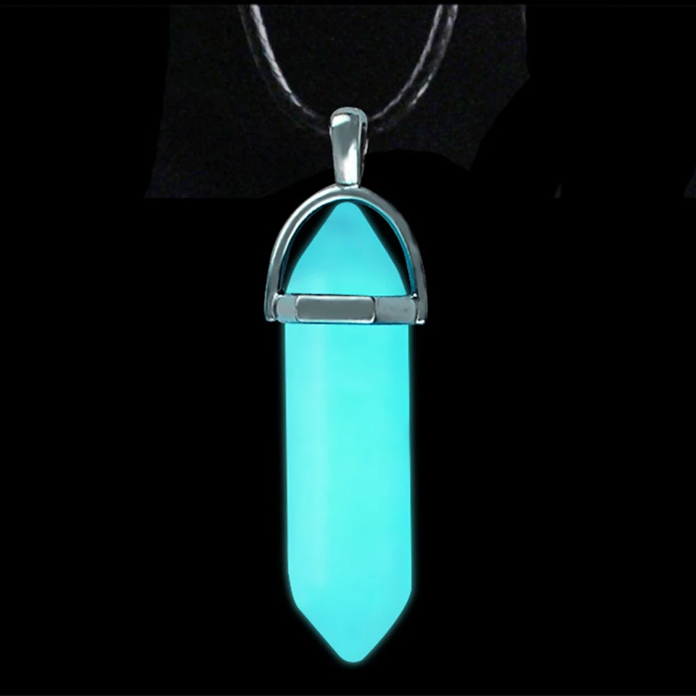 Light Green Темное светящееся каменное ФЛУОРЕСЦЕНТНОЕ шестиугольное ожерелье с подвеской из натурального кристалла, светящееся в темноте из пули, кожаное ожерелье - Окраска металла: Light Green