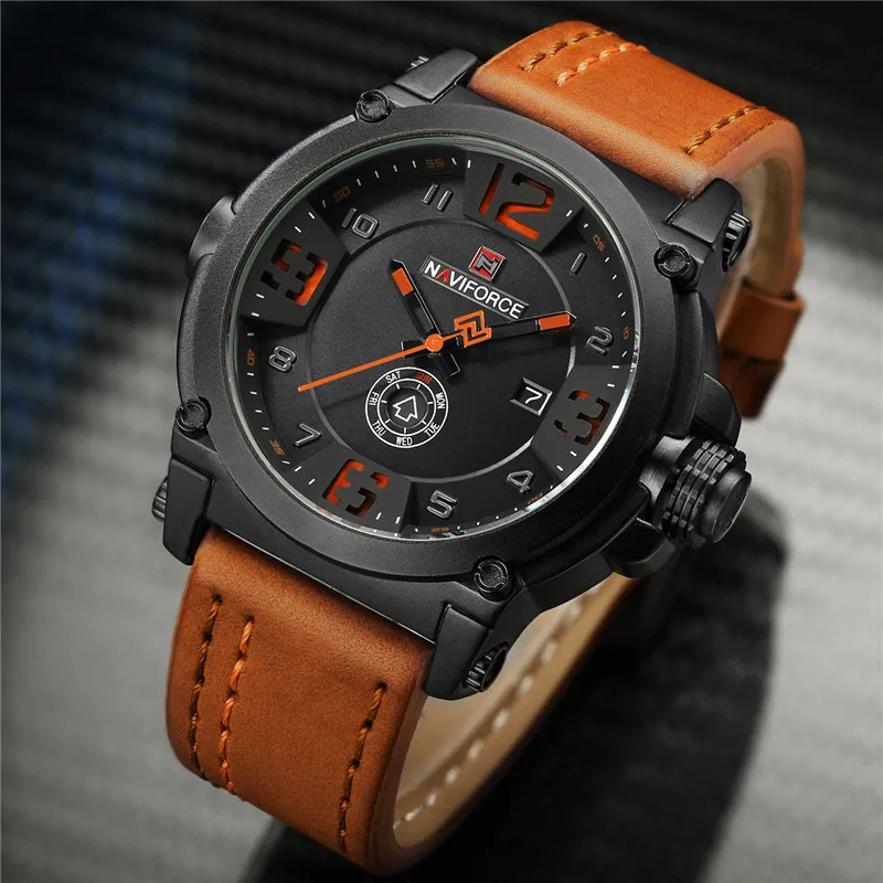 Мужские часы NAVIFORCE, спортивные водонепроницаемые мужские часы, военные армейские деловые кожаные кварцевые мужские часы 9099