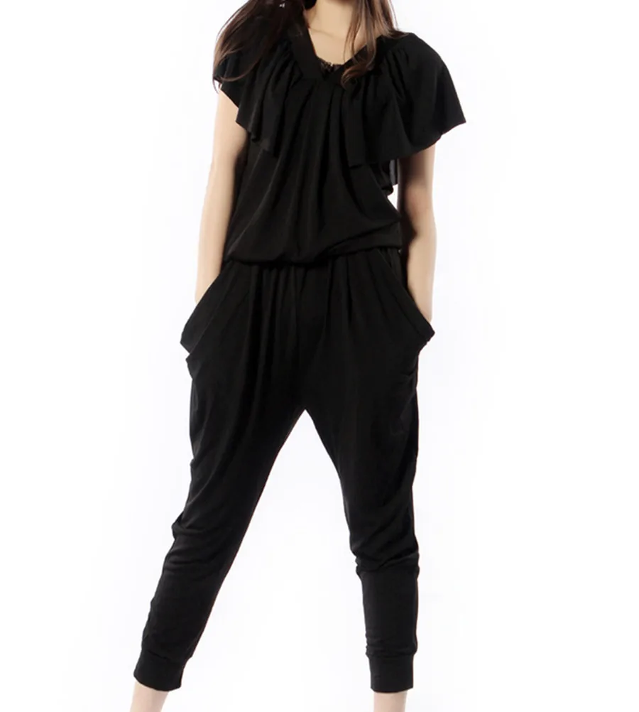 Free Shipping New Fashion Jumpsuits Rompers For Women Summer Harem Pants Black Loose Plus Size S-10XL Black Short Sleeve Pants