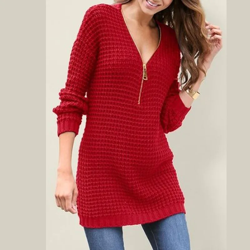 Autumn Women Sweaters 2018 V-neck Long-sleeved Tops Female Winter Knitted Jumpers Sexy Ladies Zipper Sweater Dress 2XL | Женская одежда