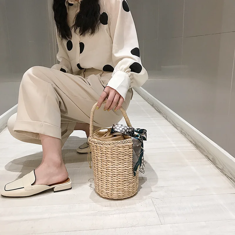 Пляжная сумка с бантом тканая ручная работа модная в форме ведра на плечо