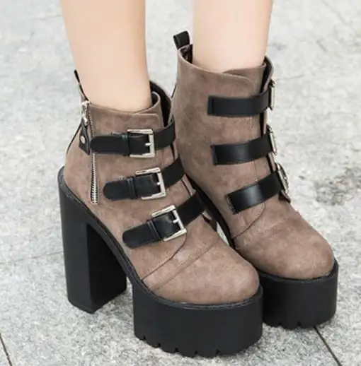 Три Пряжки Ремня Панк Ботильоны На Платформе Женщины Чаки Каблуки высокие