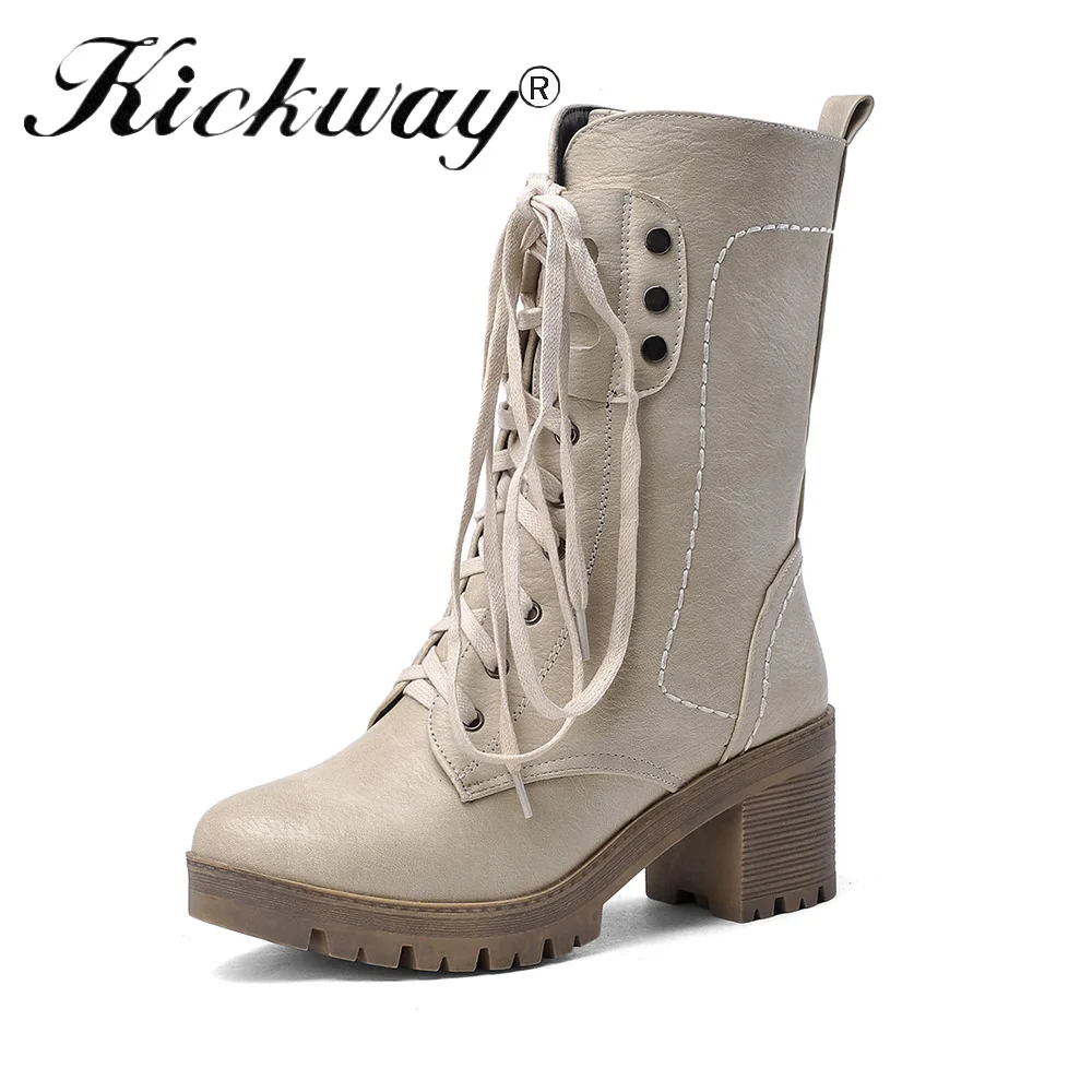 Beige Kickway/Большие размеры 34-43; зимние сапоги; женская обувь из искусственной кожи; зимние сапоги до середины икры; женские сапоги; теплая плюшевая зимняя обувь - Цвет: Beige
