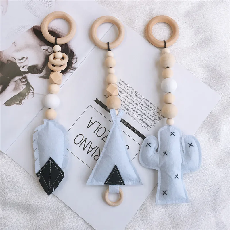 Wooden Beads Nursery Beads Wall Ornaments With Felt Feather Cactus Tent Hanging Pendant Baby Rattle Stroller Play Gym Toy Decor