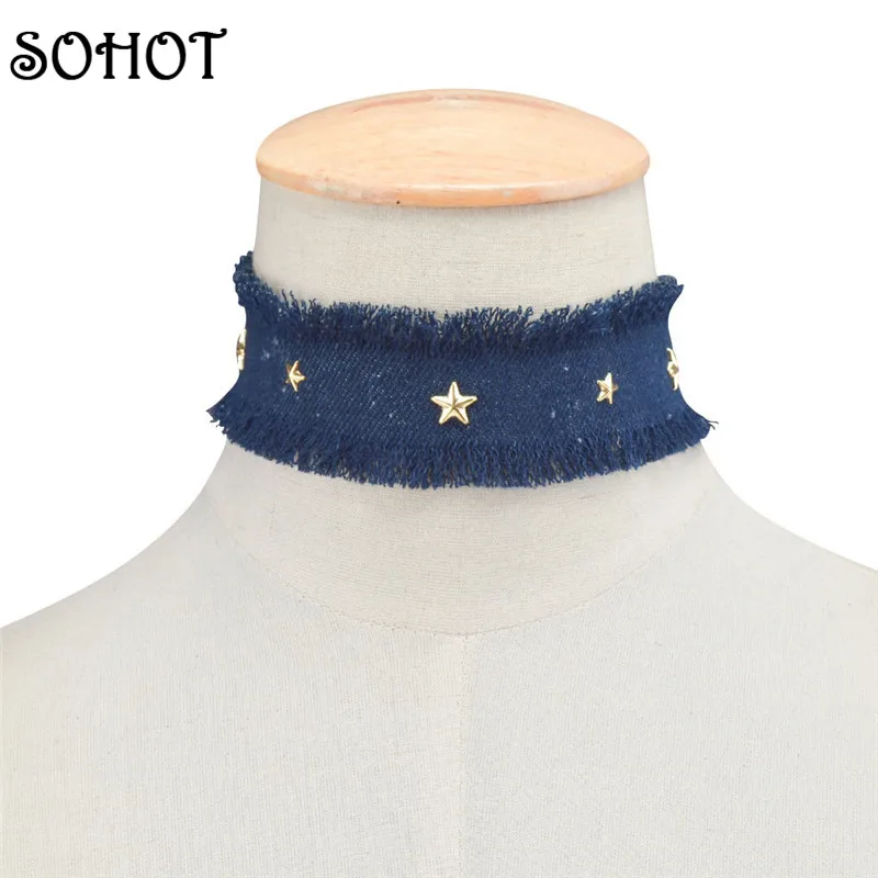 Женское колье в стиле панк SOHOT ожерелье из голубой джинсовой ткани со звездами