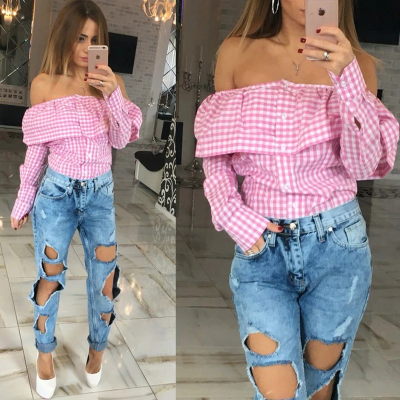 4 color xl plus size Fashion Casual Ruffles Slash Neck Plaid Long Sleeve Cotton blouse Sexy off shoulder Women tops shirt |