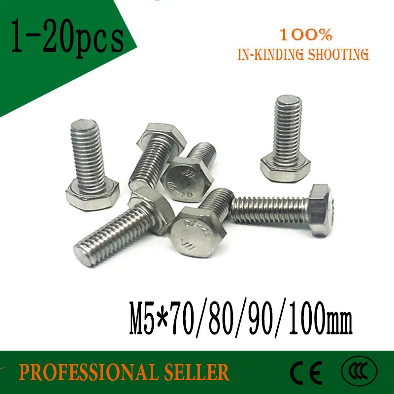 

M5 *70/80/90/100 mm DIN933 External Hex Hexagon Head Screw Full Threaded 304 Stainless Steel Bolt Machine Screws