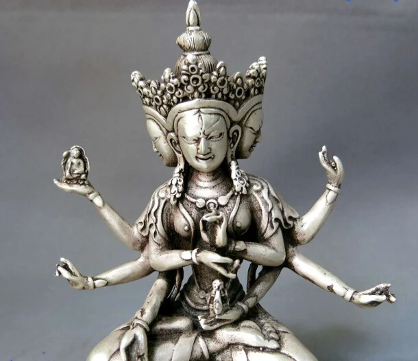 Китай серебряный буддизм фэн шуй Лаки 3 головы 8 рука Будды скульптура статуя (C0318)