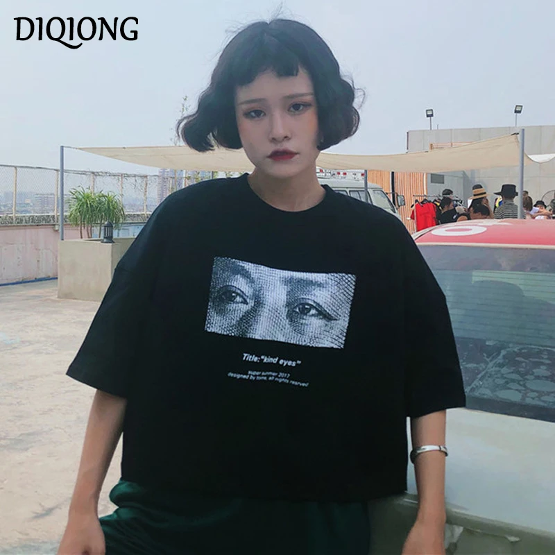 Diqiong футболки Забавный принт летняя футболка для женщин сплошная Топы с