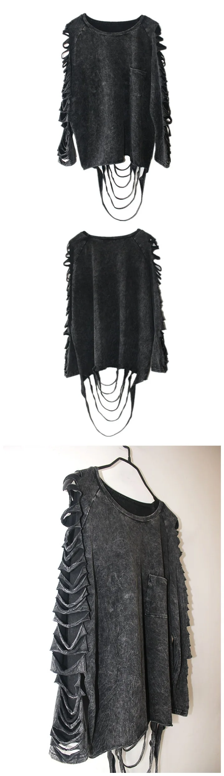 [Пр] осень г. Весна Новые панк отверстие с кисточкой Повседневное свободные личности хлопок Sexy Для женщин футболка Топы корректирующие A245
