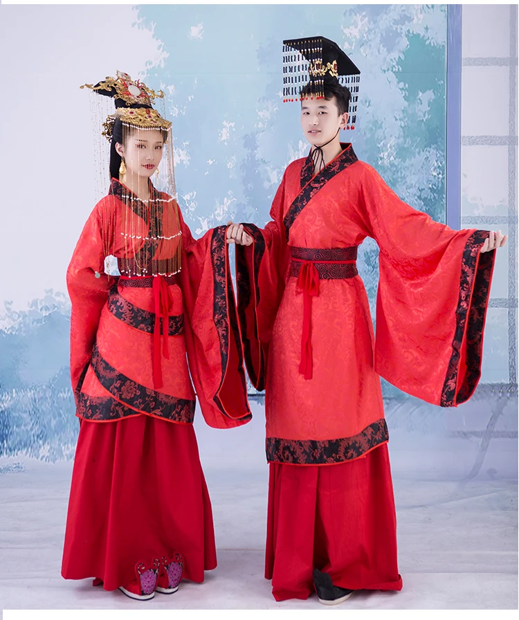 Golden Red Series Chinese Traditional Wedding Hanfu Costume Set for Bride and Groom Long Tail Hanfu with Golden Phoenix QuJu
