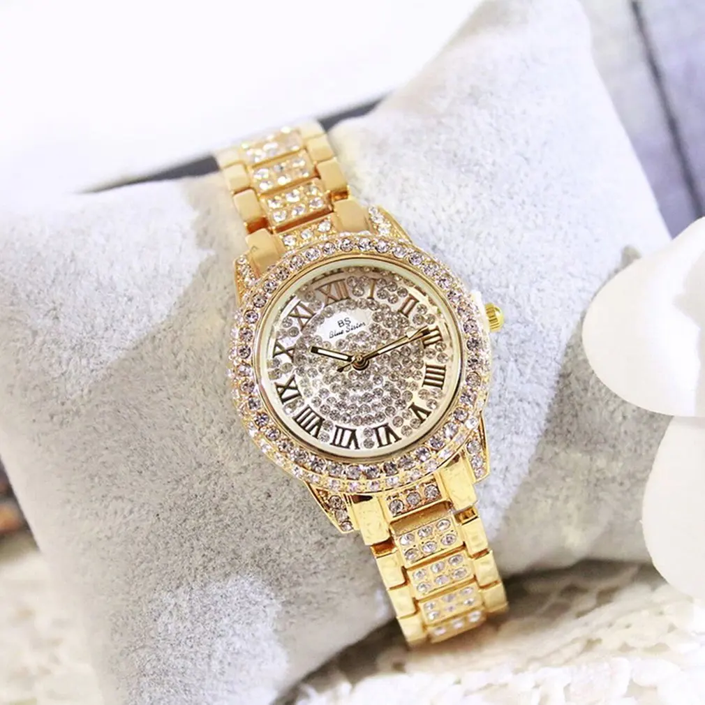 Round Dial Women's Watches With Rhinestones Alloy Band Ladies Female Quartz Movement Wristwatch | Наручные часы