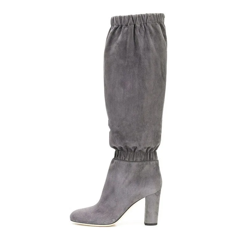 Knsvvli New Pleated Knee High Boots Women Round Toe Black Grey Autumn Shoes Ladies Elastic Strap Heels Botas Femininas | Обувь