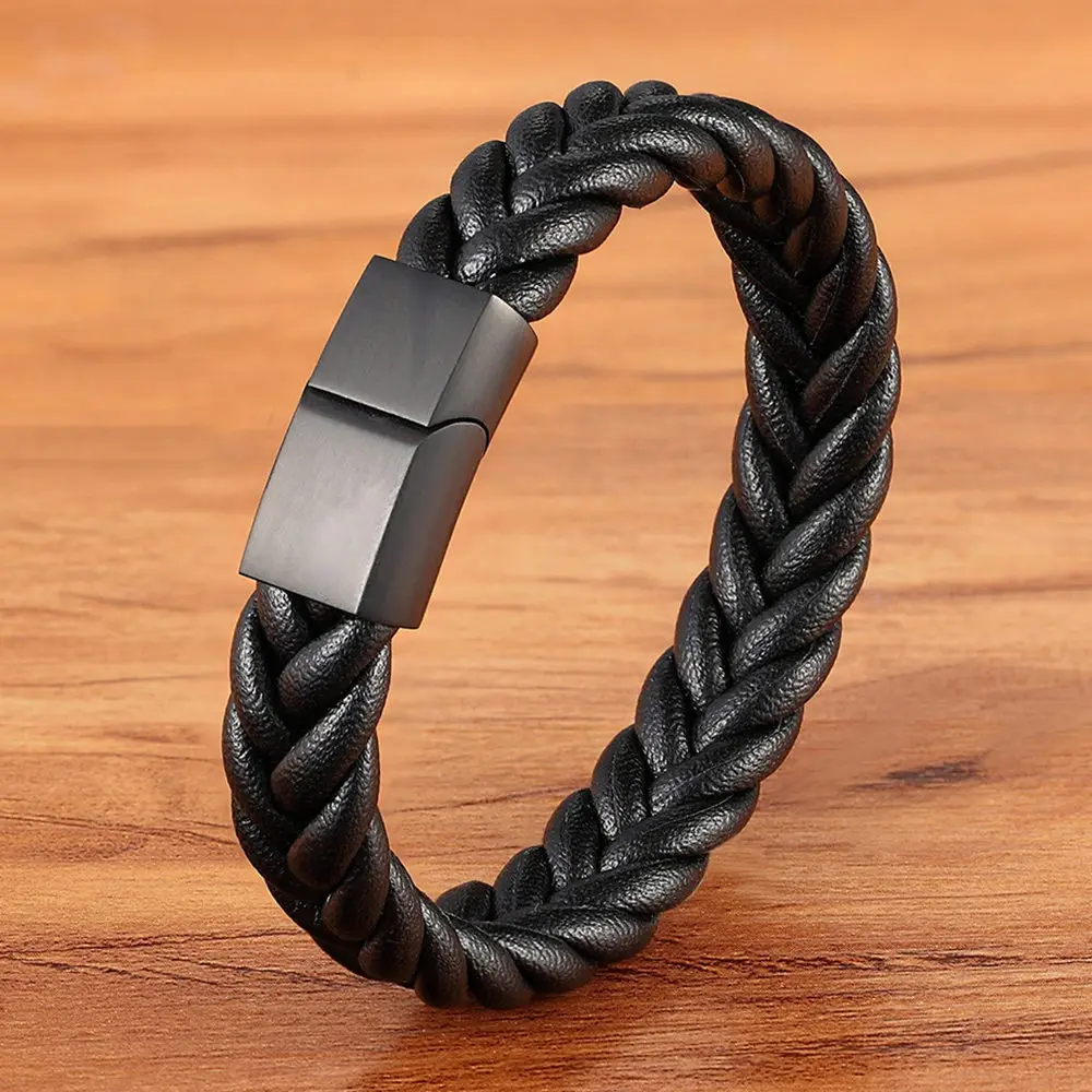 Black with Black XQNI, ручная вязка, простой стиль, классический мужской браслет, много цветов, нержавеющая сталь, магнитная застежка, Очаровательные кожаные браслеты, подарок - Окраска металла: Black with Black