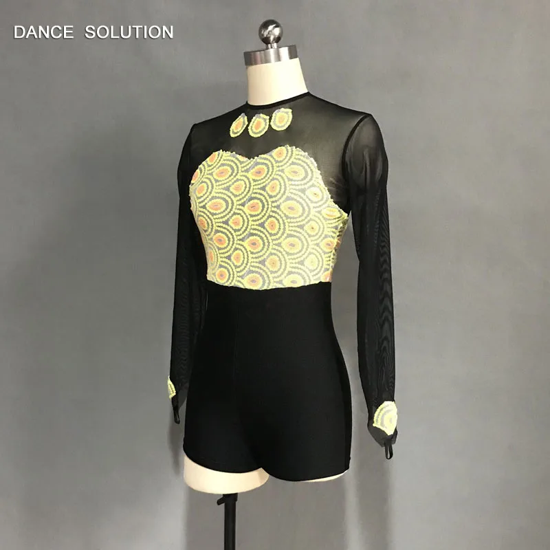 Yellow Sequin Unitard with Long Mesh Sleeves and Boy Shorts Women &amp Girl Stage Dance Costumes Jazz Stretch Wear 3 Colors 18567 |