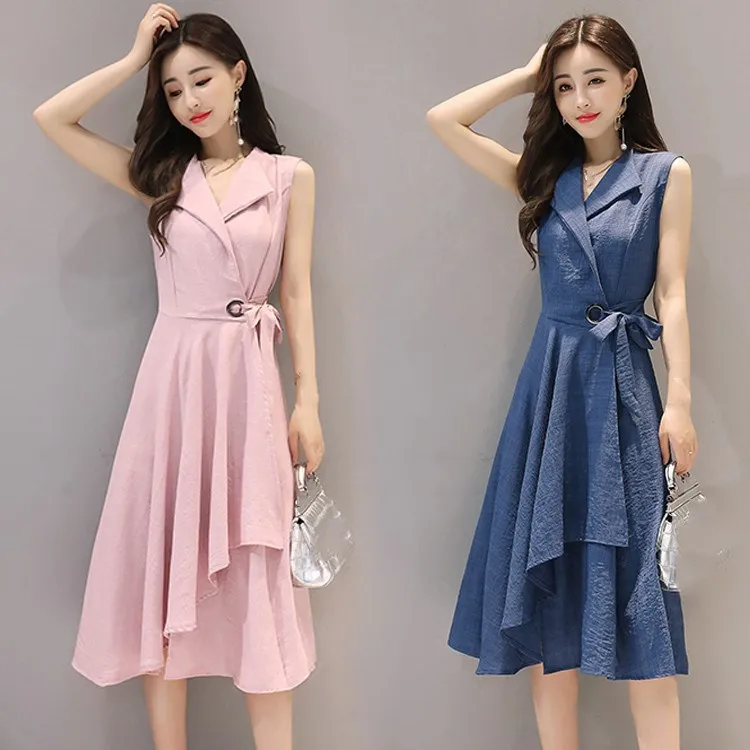 2019 Summer Women Sleeveless Work Dress Casual A-Lin V-Neck Elegant Office Lady Party | Женская одежда