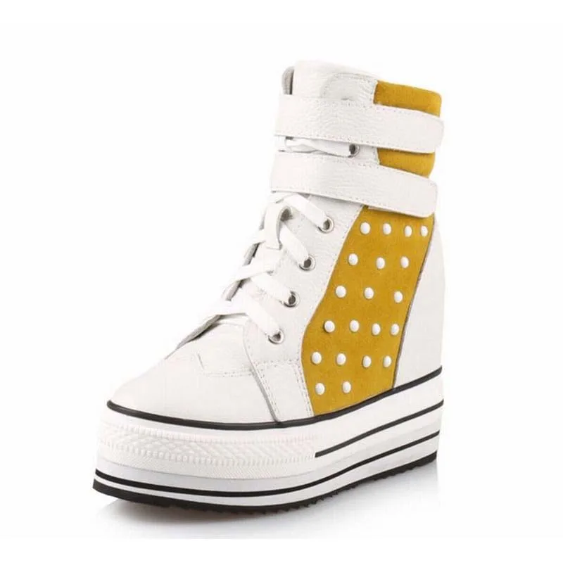 genuine leather wedges heel women ankle boots fashion platform high-heeled rivets botas femininas high top lace up casual shoes | Обувь