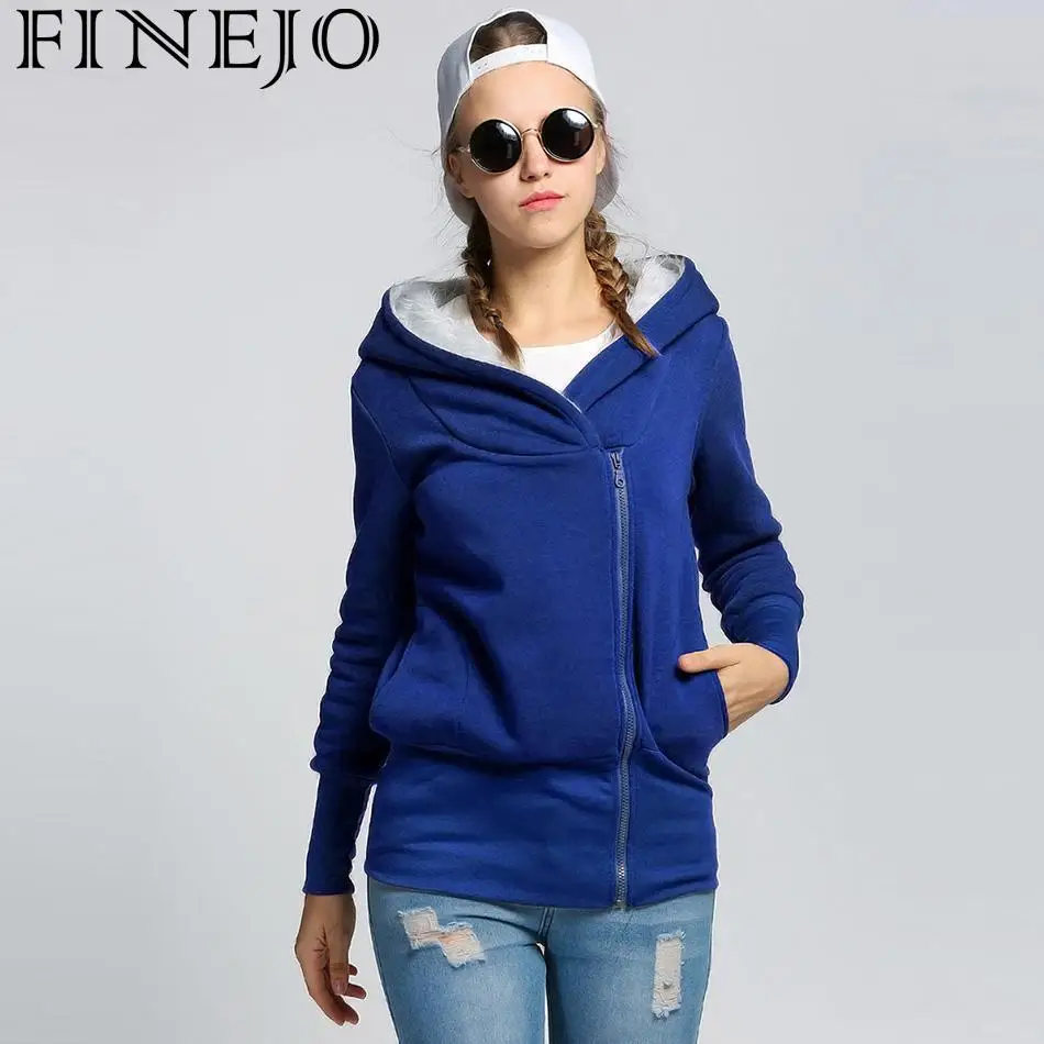 FINEJO Женская толстовка с капюшоном однотонная длинным рукавом на молнии флисовая