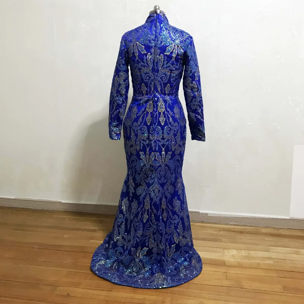 YSF Designer Vestidos De Formature Royal Blue High Collar Bling Bling Mermaid Prom Dresses with Overskirt 2019