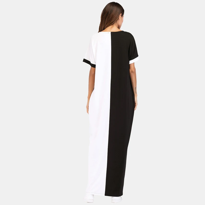 2018 Summer Women Fashion O-Neck Short Sleeved Contrast Color Abaya Gown Muslim Party Long Dress Middle East Casual Loose Robes | Женская