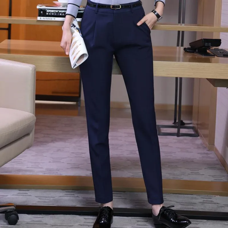 Navy blue Модные элегантные женские брюки-карандаш, брюки размера плюс, формальные, новые, офисные, для девушек, узкие, средняя талия, брюки-карандаш, темно-синие, черные - Цвет: Navy blue