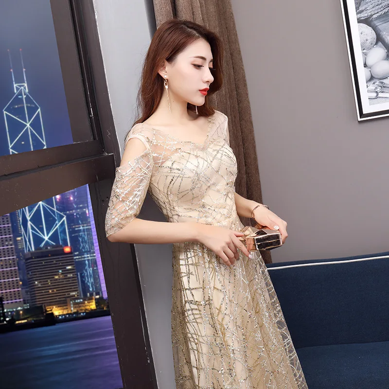 Gorgeous Champagne Evening Dresses Lace Women Elegant Prom Dress Formal Holiday Gown Short Sleeve Evening Dress ES1802