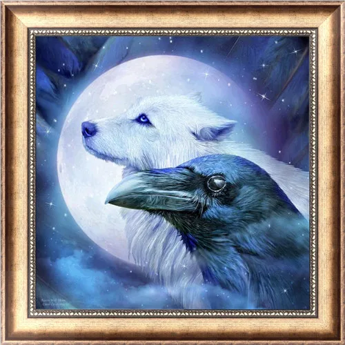 White wolf and crow Diy 5d алмазная картина животное круглая Алмазная мозаика картина стежка вышивка узор вышивка ручной работы Детский подарок - Цвет: White wolf and crow