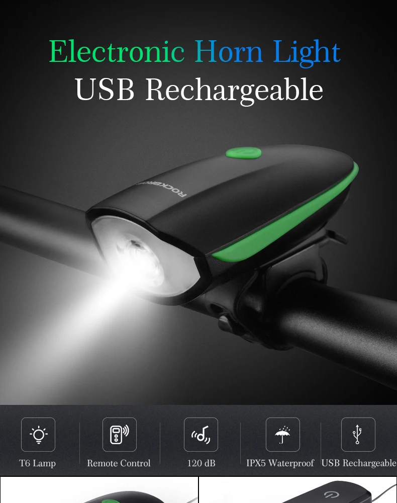 ROCKBROS Rechargeable2 в 1 велосипедный светильник, велосипедный звонок, 350 люмен, USB, MTB велосипедный передний светильник, электрический звонок, мигающий светильник, водонепроницаемый