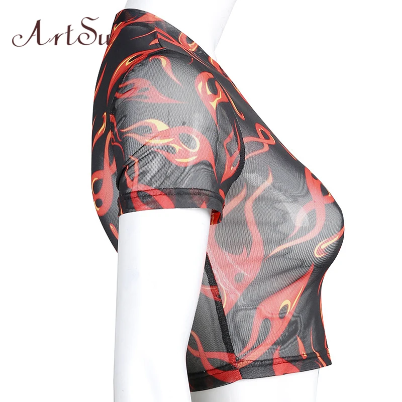 Футболка женская с принтом пламени прозрачная коротким рукавом|Футболки| |