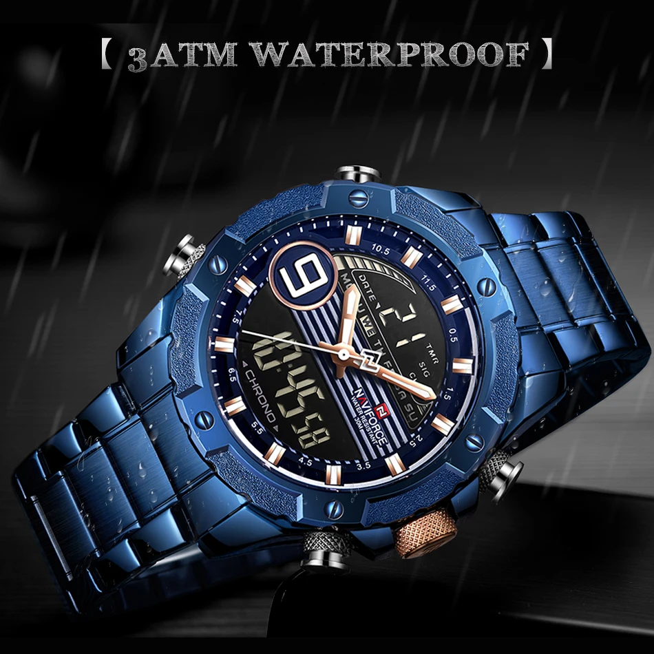 NAVIFORCE модные спортивные мужские часы Мужские кварцевые цифровые часы люксовый бренд полная сталь военные наручные часы Relogio Masculino синий