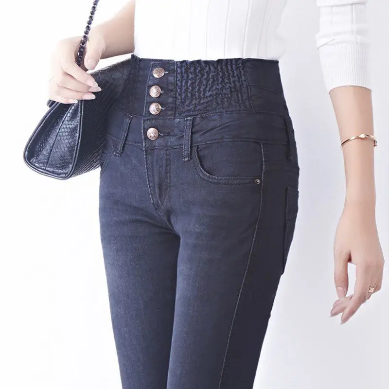 Женские обтягивающие джинсы эластичные однотонные леггинсы на пуговицах