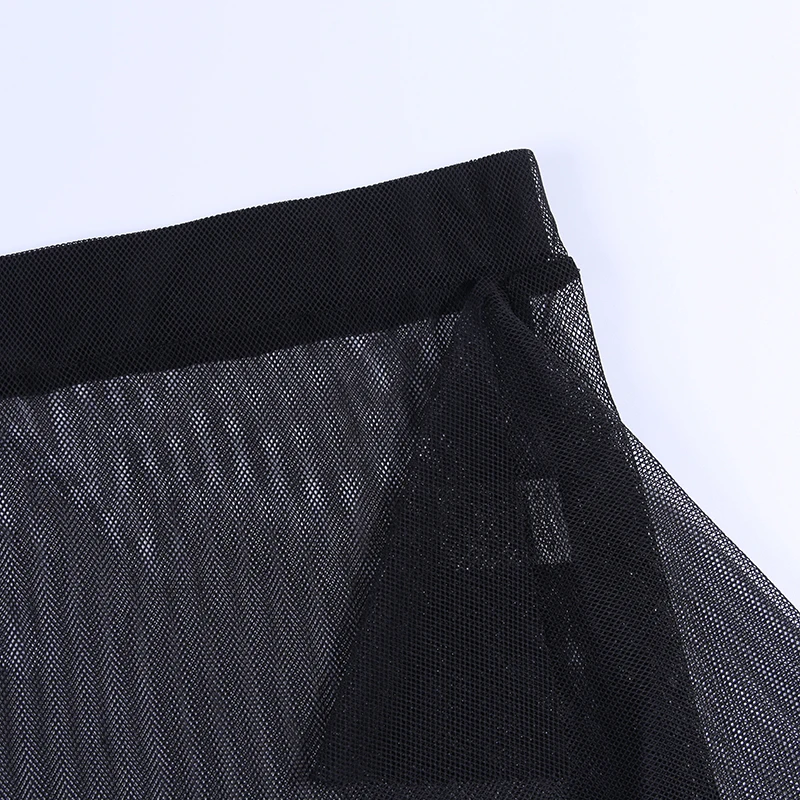 InstaHot Fish Net Pencil Maxi Skirts Sexy Women Mesh See Trough Ankle Length High Waist Lace Tassel Long Party Black Skirt