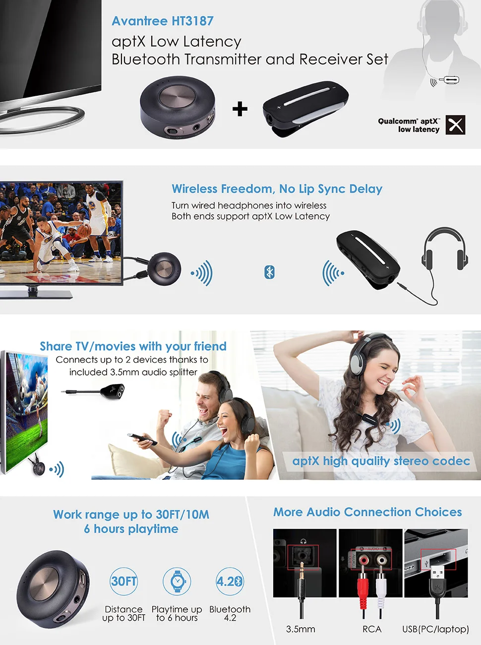 Avantree aptX низкая задержка беспроводной ТВ комплект-Bluetooth передатчик и приемник, PLUG& PLAY, Bluetooth для проводных наушников