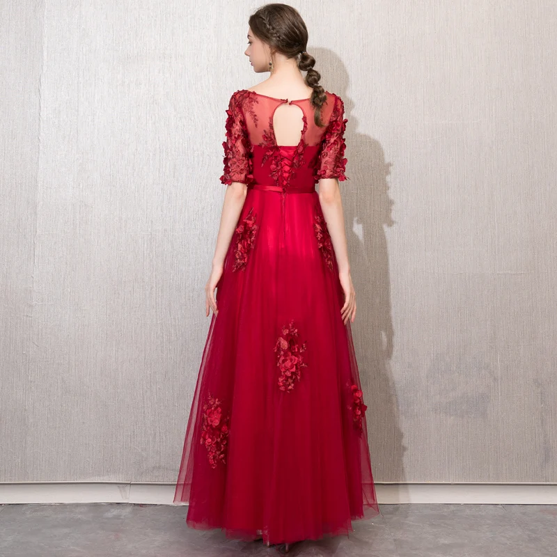Robe de soiree винно Красное длинное вечернее платье с круглым вырезом и аппликацией