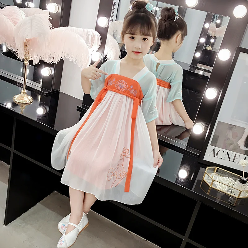 Модная одежда в китайском стиле цельнокроеное платье для девочек традиционном