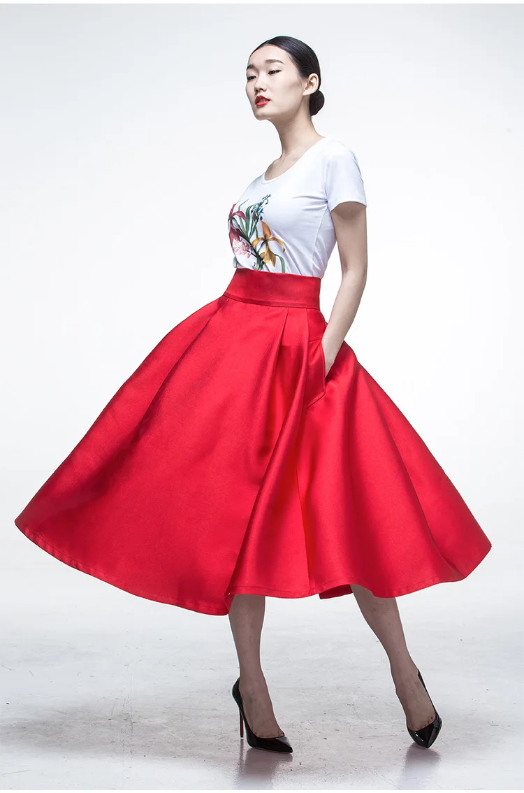 Женская винтажная юбка средней длины красная в стиле ретро 50-х годов с высокой