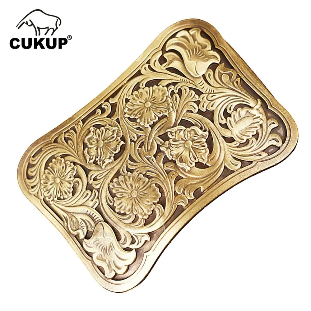 

CUKUP Brand Belts Chinese Floral Styles Pattern 100% Solid Gold Brass Belt Buckles New Design 2018 3.8cm Smooth Buckle BRK025