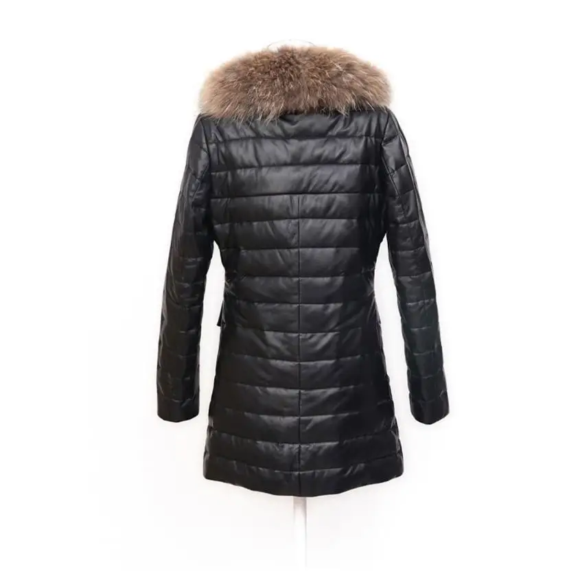 Куртка женская длинная из искусственной кожи с меховым воротником модель L886
