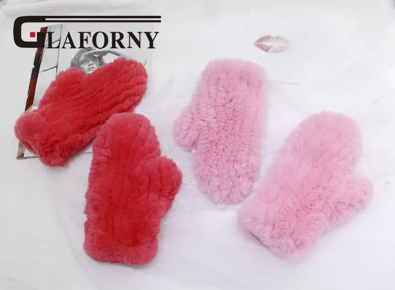 Glaforny 2018 Настоящий мех кролика вязаные зимние теплые перчатки варежки с подвесной