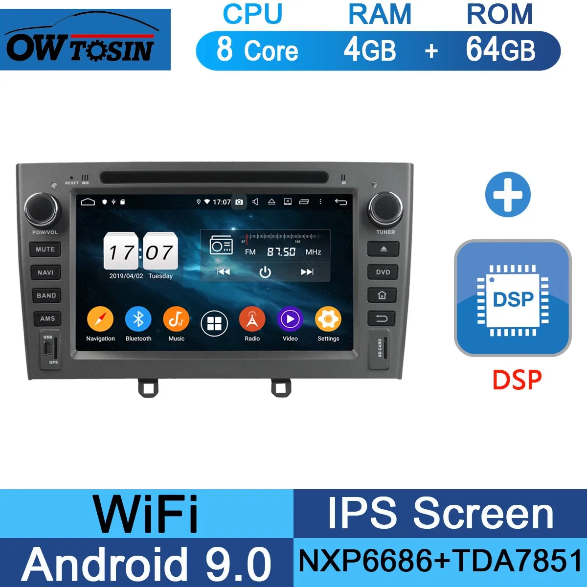 64G DSP " ips Восьмиядерный 4 Гб ОЗУ+ 64 Гб ПЗУ Android 9,0 автомобильный DVD радио gps для peugeot 408 308 308SW 2007-2011 DSP CarPlay Parrot BT стерео - Цвет: 64G DSP