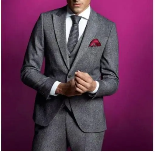 

Latest Coat Pant Design Grey Tweed Men Suit Slim Fit 3 Piece Casual Tuxedo Custom Groom Suits Prom Simple Blazer Terno Masculino