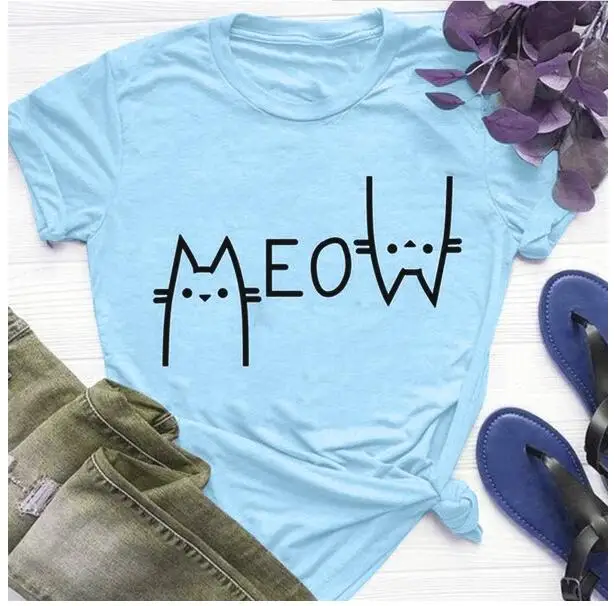 Женская Винтажная Футболка Meow летняя повседневная хлопковая футболка с коротким