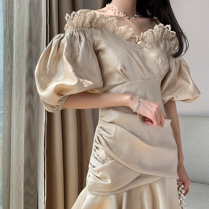 2019 Summer Sexy Off Shoulder Lace Dress Women Party Night Club Elegant Lattern Sleeve Vintage Apricot vestidos Runway Design | Женская