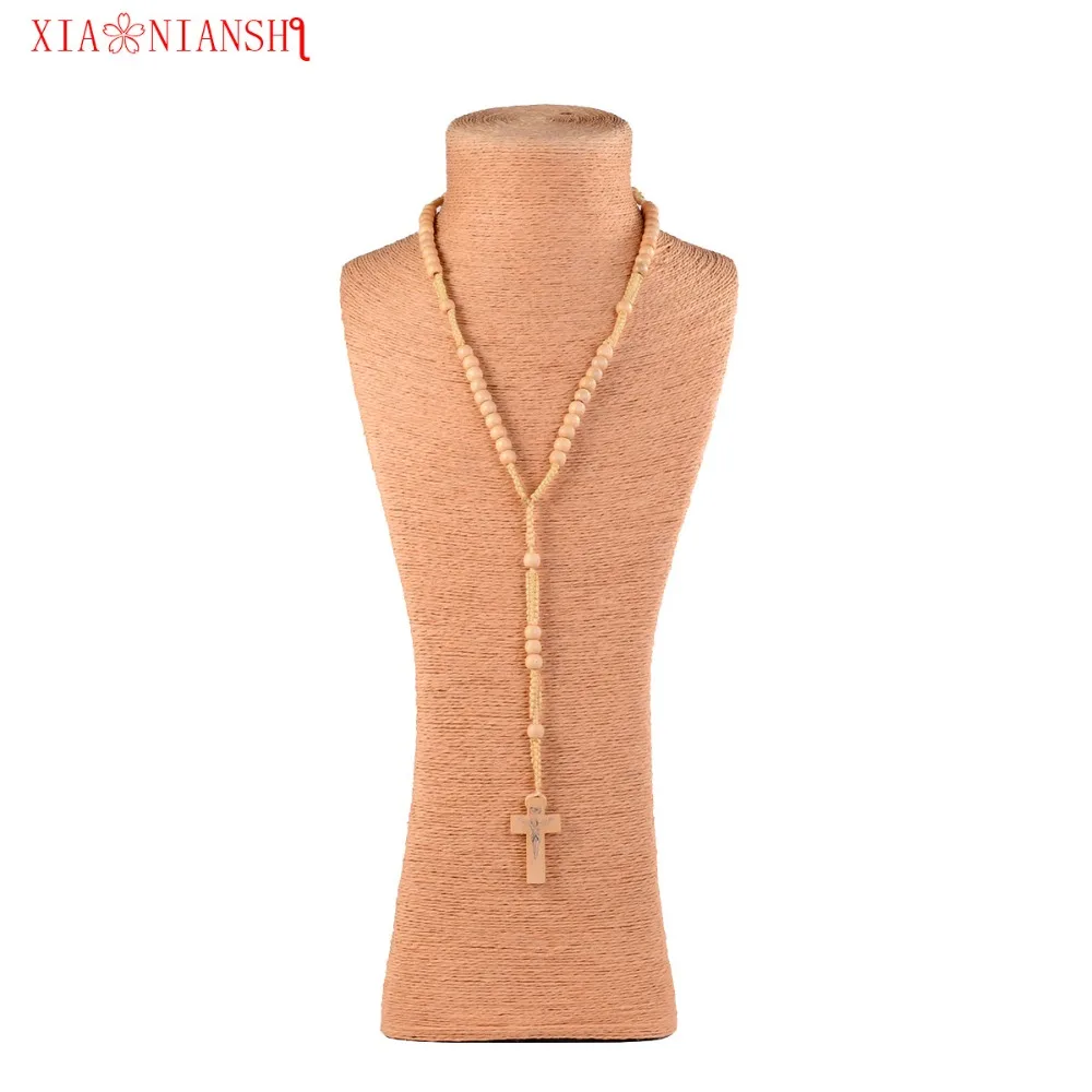 Круглое деревянное ожерелье из сплава цепочка с кулоном в виде Креста Иисуса