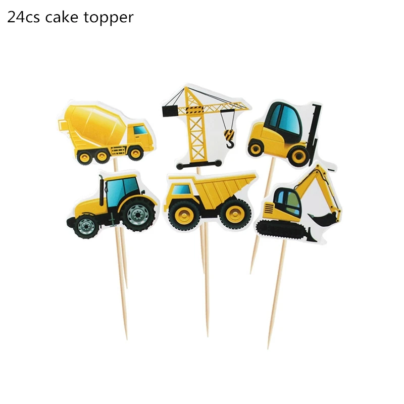 24Pcs cake topper Строительный трактор тема экскаватор надувные шары грузовик автомобиль баннеры детский день рождения, день рождение мальчика вечерние принадлежности - Цвет: 24Pcs cake topper