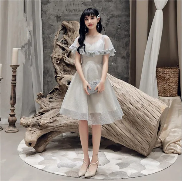 A grey Two wear Новые пыльно-розовые кружевные платья подружки невесты, неодинаковые вечерние платья длиной до середины икры, Vestido Daminha Vestidos De Invitada - Цвет: A grey Two wear