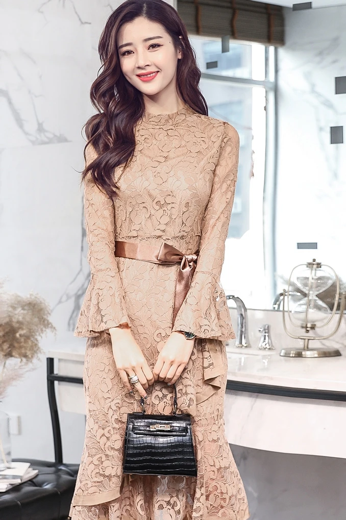 Женское кружевное платье с вырезом однотонное облегающее Элегантное Длинное в