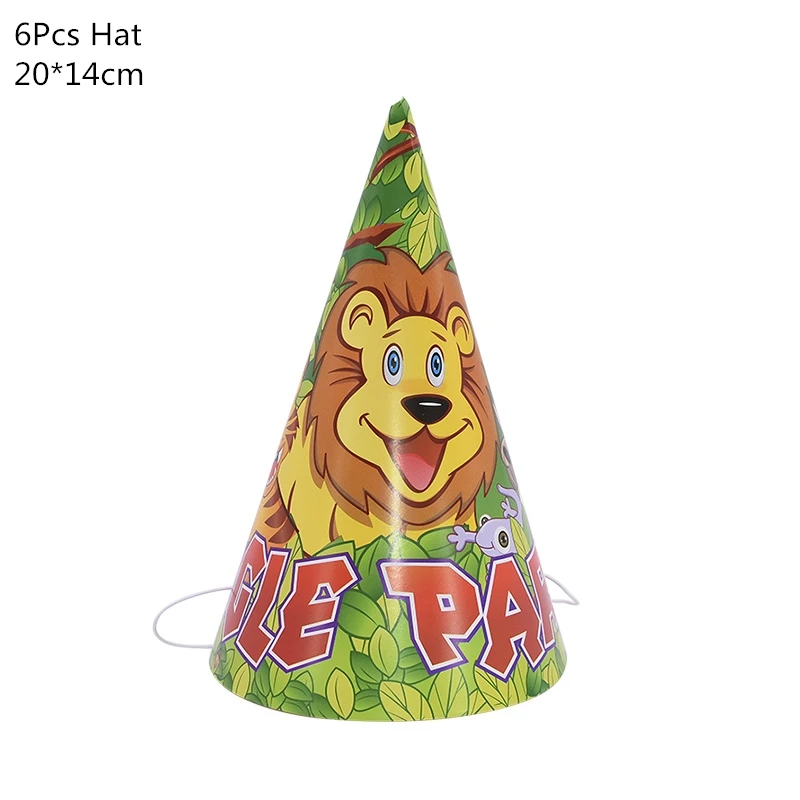 6pcs hat Джунгли день рождения одноразовые столовые приборы Джунгли животных одноразовые тарелки/чашки/салфетки сафари джунгли вечерние украшения принадлежности - Color: 6pcs hat